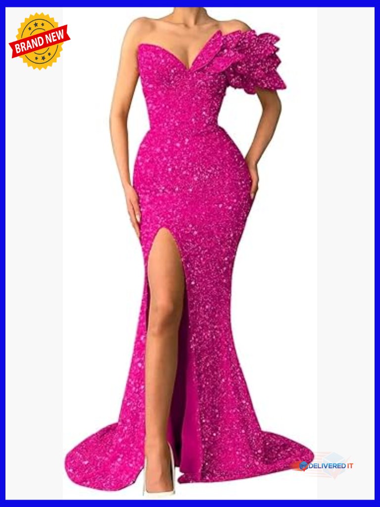 Sequin Mermaid Prom Dress One Shoulder V-Neck Backless Formal Gown